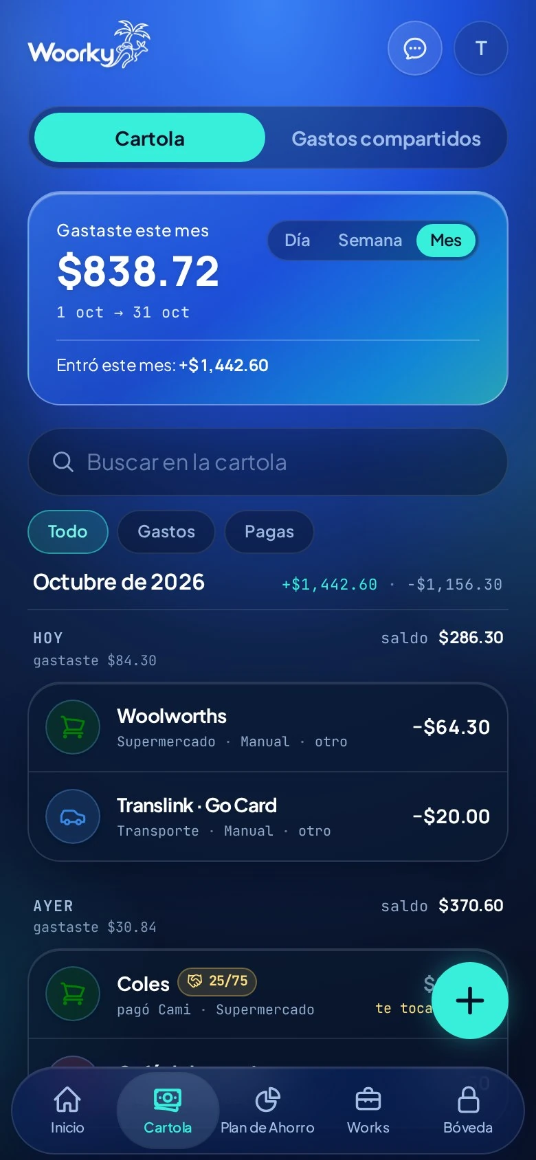 Cartola de Woorky con gastos e ingresos de ejemplo