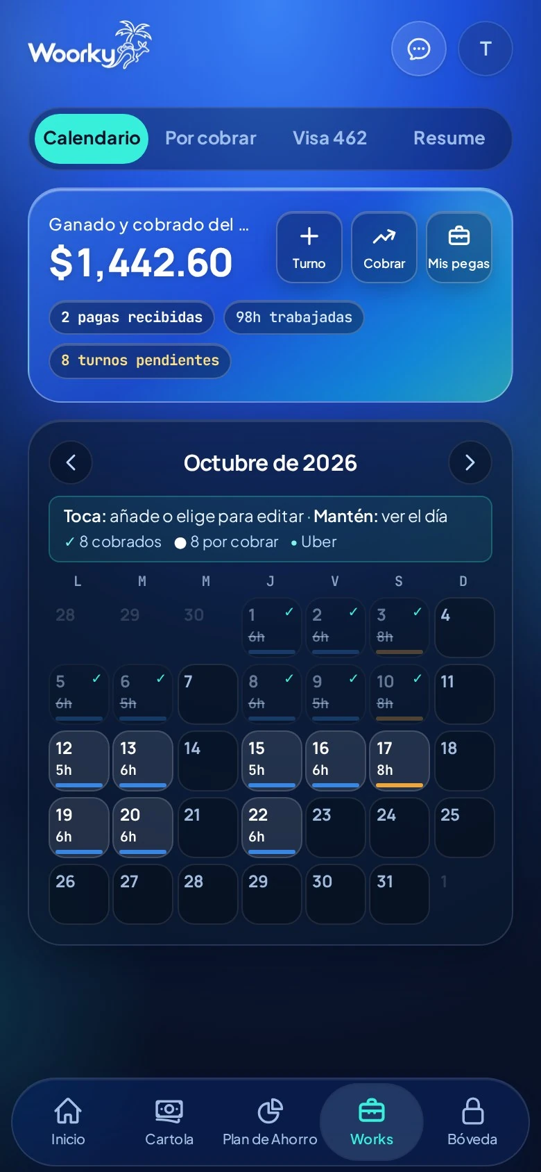 Calendario real de Works con turnos y ganancia estimada